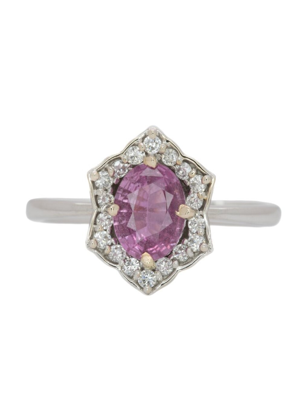 0.86Ct Oval Pink Sapphire Ring with Natural Diamond Halo in Solid 14K White Gold